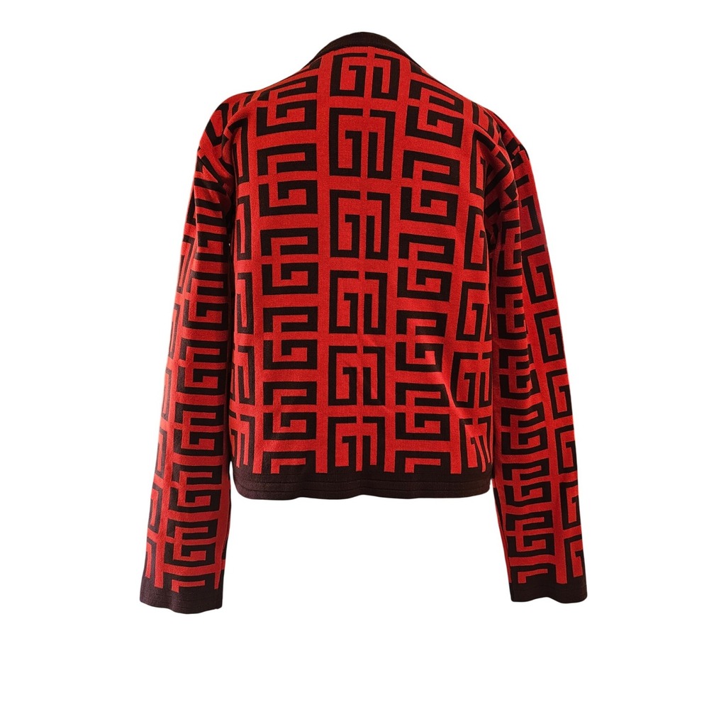 Orange Brown Designer Geometric Print Gold Button Front Cardigan Sweater Women M - Picture 3 of 8
